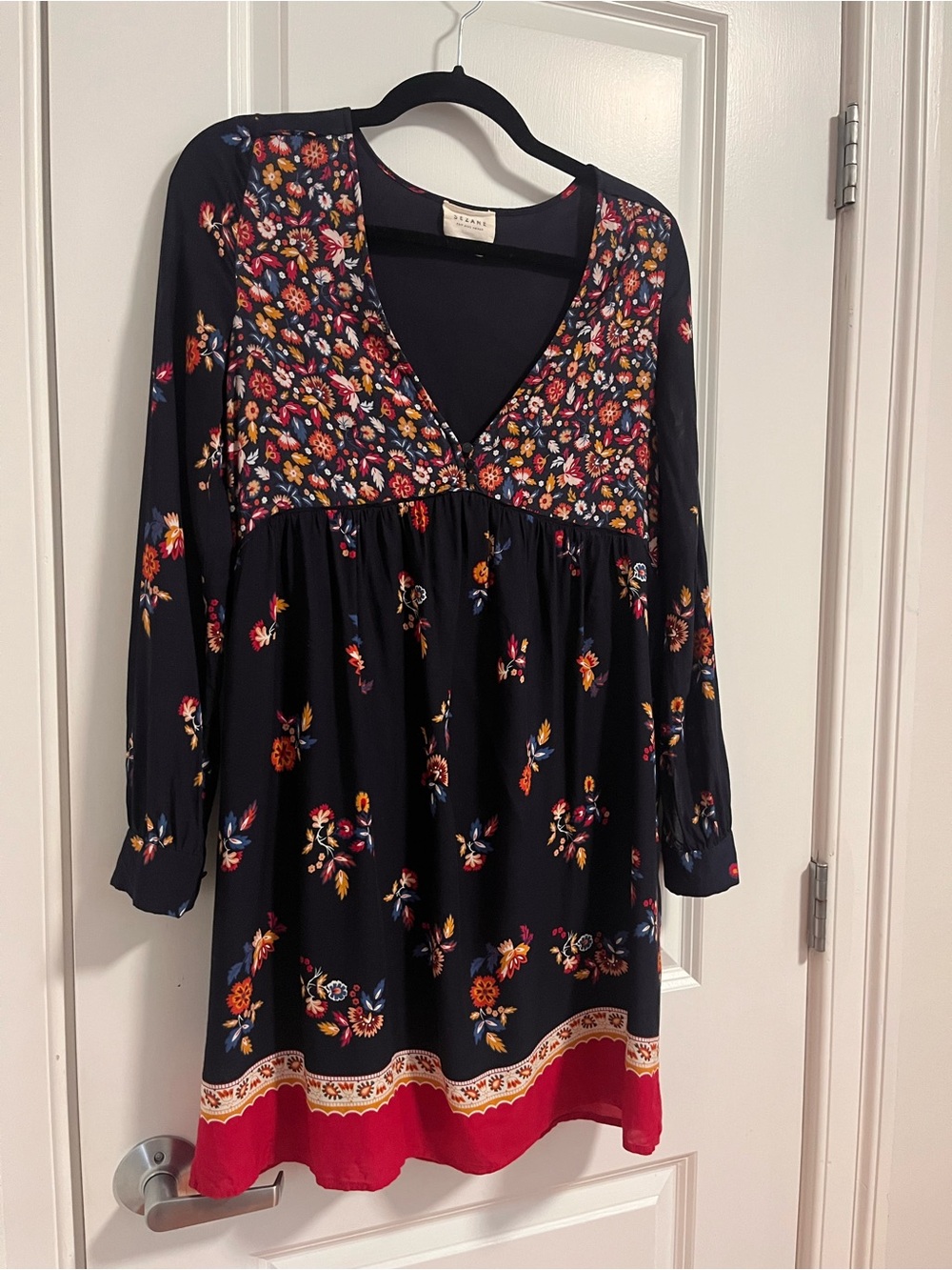 Sezane Navy Multicolor Floral V-Neck Babydoll Dress with Red Hem